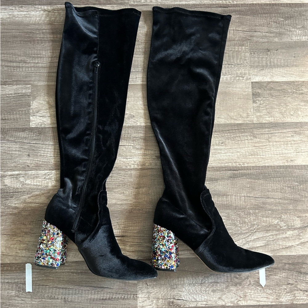 💎 Betsey Johnson 💎 Keeva Black Velvet Over the Knee Boot Heel Rhinestone Gem